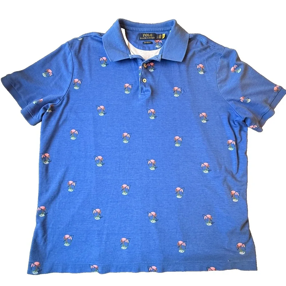 Polo Ralph Lauren Classic Fit‎ Flamingo Polo Shirt Mens L Blue Embroidered AOP